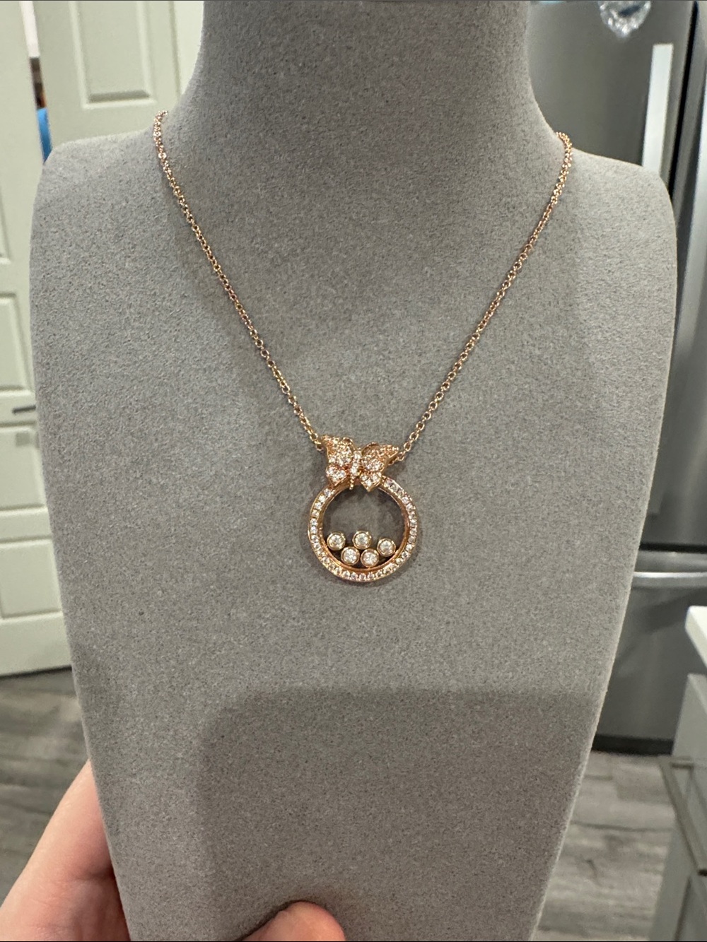 Butterfly Floating CZ Pendant Necklace Champagne Gold Tone Sparkling